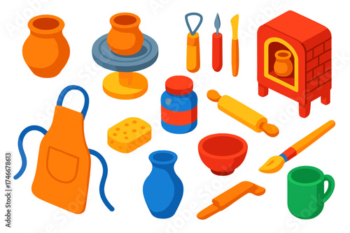 Colorful Pottery Workshop Icons. Isometric vector illustration set Pottery Workshop: clay pot, pottery wheel, glaze jar, sculpting
