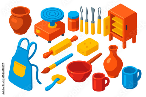 Clay Art Essentials. Isometric vector illustration set Clay Art Essentials: clay pot, pottery wheel, glaze jar, sculpting tools,