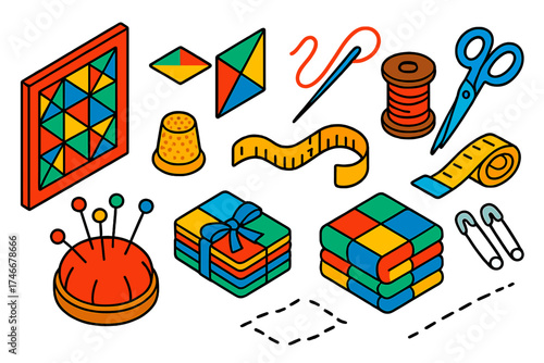 Handmade Quilt Icons. Isometric vector illustration set Handmade Quilt Set: quilt, fabric patch, sewing needle, thread spool,