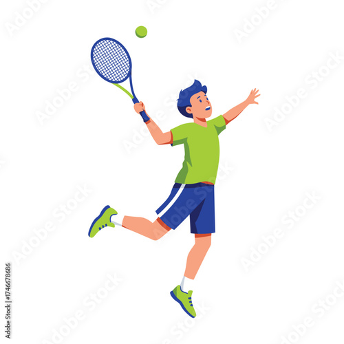 A dynamic young boy in athletic attire leaps energetically to serve a tennis ball with his racket, showcasing active sportsmanship and a healthy lifestyle.