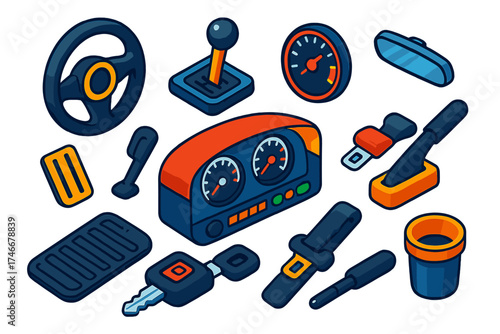 Automotive Control Icons. Isometric vector illustration set Automotive Control Panel: steering wheel, gearshift, pedal, dashboard,