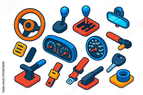 Automotive Control Icons. Isometric vector illustration set Automotive Control Panel: steering wheel, gearshift, pedal, dashboard,