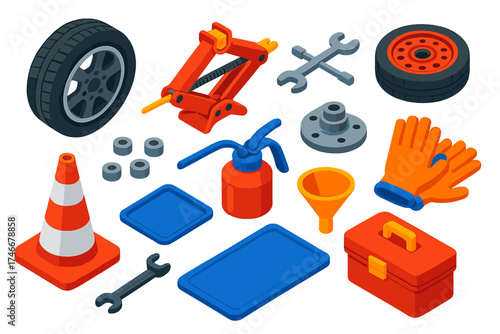 Car Maintenance Kit. Isometric vector illustration set Car Maintenance Tools: tire, jack, spare, wrench, lug nuts, wheel hub, oil