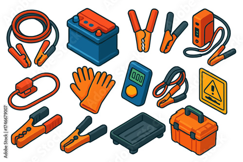 Auto Battery Tools. Isometric vector illustration set Auto battery tools: Jumpstart cables, Lead-acid battery, Positive clamp,