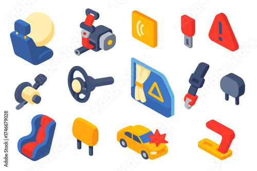 Automotive Safety Features. Isometric vector illustration set Automotive crash protection: Front airbag, Seatbelt retractor,