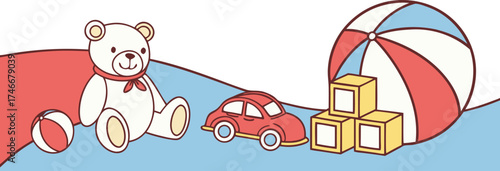 Adorable scene of playful childhood toys: teddy bear, ball, toy car, and blocks evokes heartwarming memories and joyful innocence for children