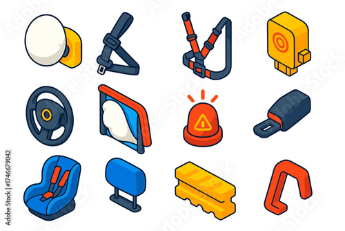 Car Crash Safety Kit. Isometric vector illustration set Car interior crash kit: Airbag unit, Seatbelt webbing, Crash detector,