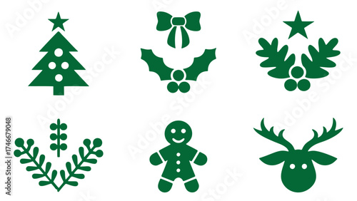 Christmas green icons with tree holly mistletoe bow gingerbread man and reindeer head vector illustration.