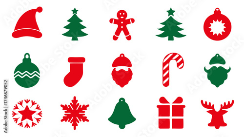 Christmas red and green icons with santa hat tree gingerbread man ornament stocking candy cane snowflake and gift.