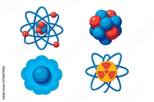 Atomic Structure Icons. Isometric vector illustration set Atom Model: nucleus core, orbiting electron paths, atomic energy symbol.