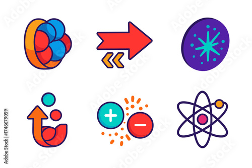 Particle Physics Icons. Isometric vector illustration set Particle Physics Symbols: strong nuclear force icon, weak interaction