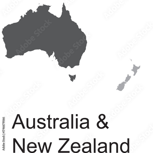 Flat Map of Australia and New Zealand – Oceania Grey Palette, Vector, Editable, Isolated, Political and Geographic Map