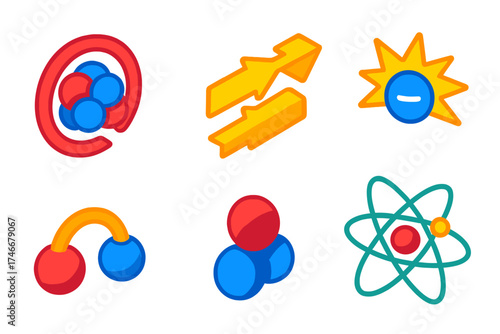 Particle Physics Icons. Isometric vector illustration set Particle Physics Symbols: strong nuclear force icon, weak interaction