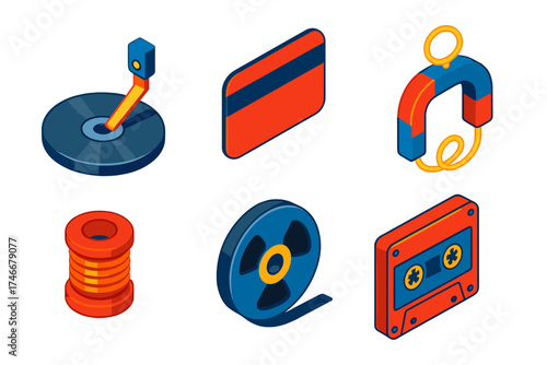 Magnetic Storage Tech Icons. Isometric vector illustration set Magnetic Storage and Tech: hard disk magnet head, magnetic stripe