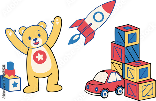 Playful cartoon toys create a cheerful childhood scene, bringing back fond memories of imagination, adventure, and the joy of simple games