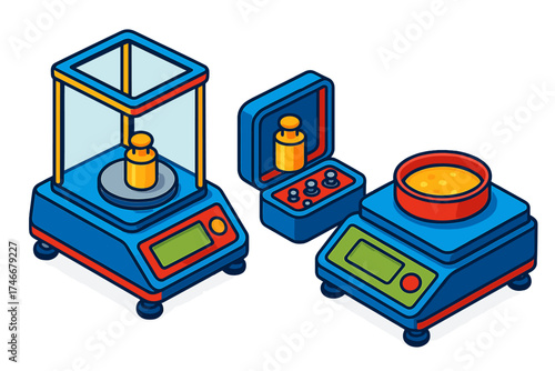 Lab Measurement Icons. Isometric vector illustration set Lab Measurement Equipment: analytical balance with glass shield,