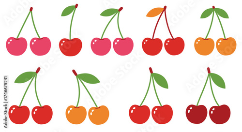 A collection of vibrant colorful cherries with stems and green leaves