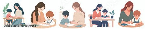 vector of a mother teaching her child to study