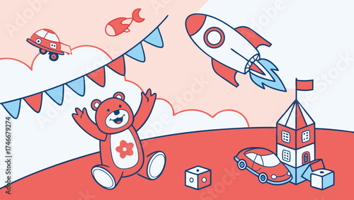 Playful vector art featuring a cute teddy bear, rocket ship, and toy car creates a cheerful, whimsical scene ideal for children's projects