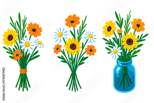 Vibrant Flower Bouquets. Isometric vector illustration set Wildflower Garden Mix: bouquet with chamomile flowers, small sunflowers
