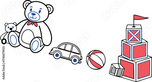 Charming children's toys collection in a cute line art style, perfect for playful designs, educational projects, and heartwarming childhood themes