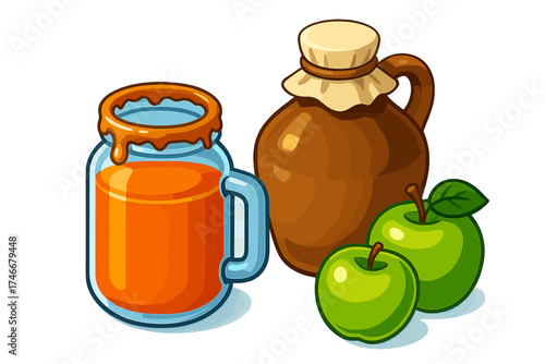 Apple Beverage Icons. Isometric vector illustration set Homemade Apple Beverage: mason jar of cider, jug with wax seal,