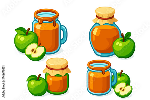 Apple Beverage Icons. Isometric vector illustration set Homemade Apple Beverage: mason jar of cider, jug with wax seal,