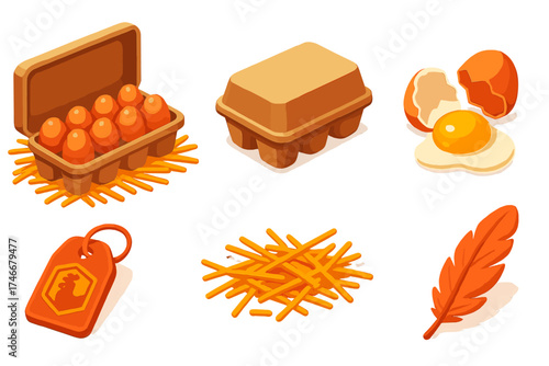 Farm Fresh Egg Carton. Isometric vector illustration set Farm Fresh Egg Carton: open carton with twelve brown eggs, closed