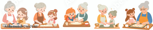 vector of a happy grandmother making dough with her grandchildren