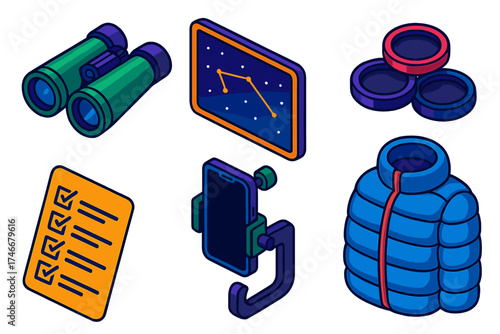 Stargazing Equipment Icons. Isometric vector illustration set Night Sky Observation Tools: binoculars for stargazing,