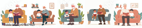 vector of a grandfather reading a story book to his grandson