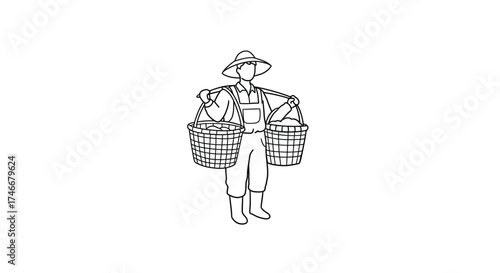 A simple sketch depicts a farmer carrying two full baskets on poles