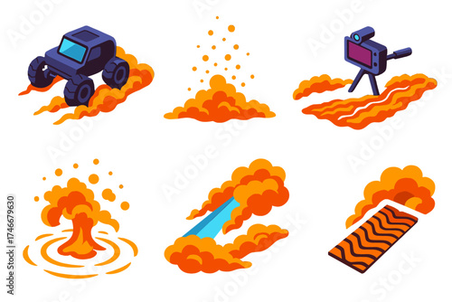 Lunar Rover Dust Motion. Isometric vector illustration set Lunar Dust Motion: dust clouds kicked by rover wheels, low gravity