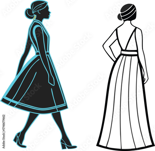 Elegant fashion illustration showcasing stylish dress designs, perfect for wedding inspiration, couture branding, and modern apparel concepts