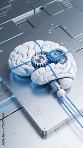 A human brain with mechanical gears and blue wiring integrated into a futuristic technological interface.