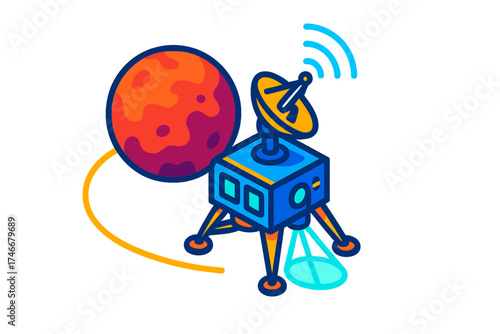 Planetary Probe Exploration. Isometric vector illustration set Planetary Mission Probe: probe near rocky planet, antenna