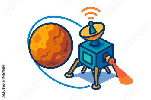 Planetary Probe Exploration. Isometric vector illustration set Planetary Mission Probe: probe near rocky planet, antenna