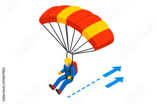 Vibrant Skydiver Descent. Isometric vector illustration set Skydiver in Descent: open parachute canopy fully inflated, jumper in