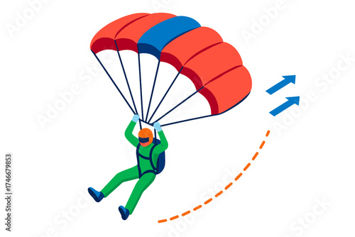 Vibrant Skydiver Descent. Isometric vector illustration set Skydiver in Descent: open parachute canopy fully inflated, jumper in