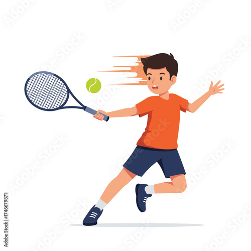 A cheerful young boy with an orange shirt and blue shorts enthusiastically plays tennis, swinging his racket to hit the fast-moving ball with dynamic energy.