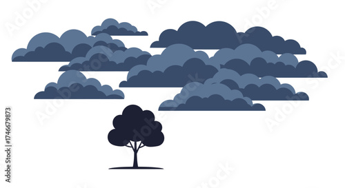 Simple illustration depicting a dark silhouette of a tree beneath clouds
