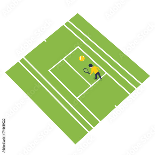 An isometric illustration depicts a stylized person actively playing tennis on a vibrant green court, with a yellow ball in motion.