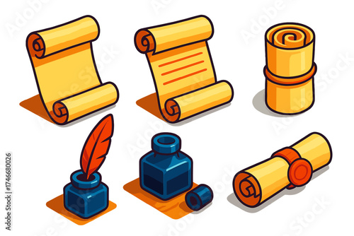 Scroll Variants Display. Isometric vector illustration set Scroll Variants Display: blank scroll, partially written scroll,