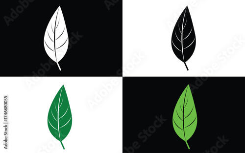 black and white and dark green and light green leaf vector images with black and white base colors