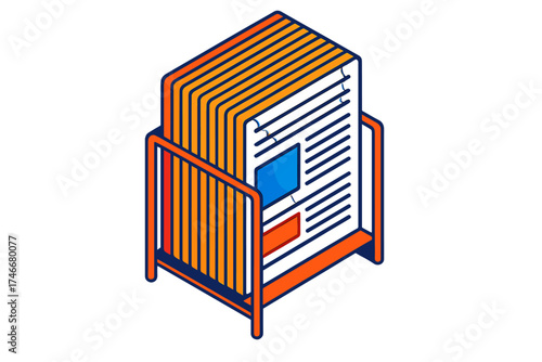Colorful Newspaper Racks. Isometric vector illustration set Newspaper Rack Display: multiple editions stacked on shelf, top page
