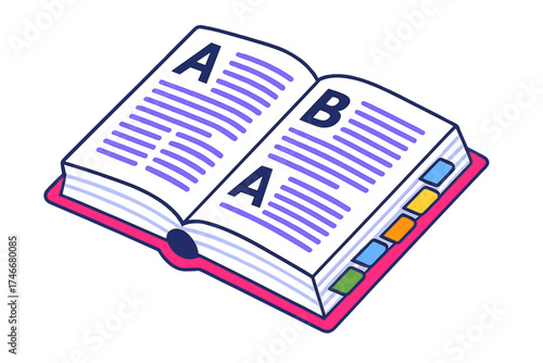 Colorful Dictionary Illustration. Isometric vector illustration set Dictionary Layout Essentials: hardcover dictionary open to