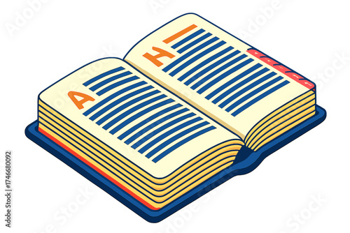 Colorful Dictionary Illustration. Isometric vector illustration set Dictionary Layout Essentials: hardcover dictionary open to
