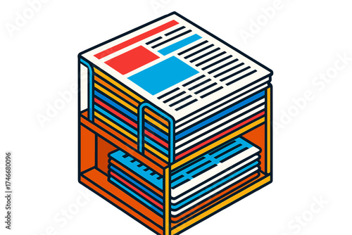 Colorful Newspaper Racks. Isometric vector illustration set Newspaper Rack Display: multiple editions stacked on shelf, top page