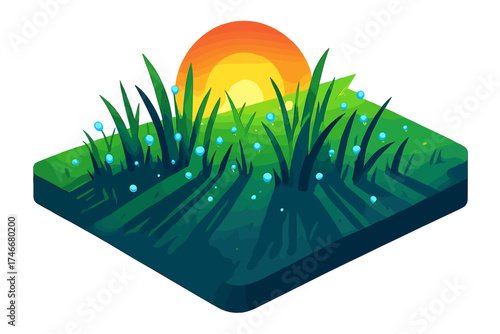 Dewy Morning Field. Isometric vector illustration set Early Morning Field Scene: open patch of grass covered in dew, low sun