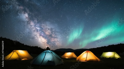 Camping under the Milky Way and Northern Lights at night